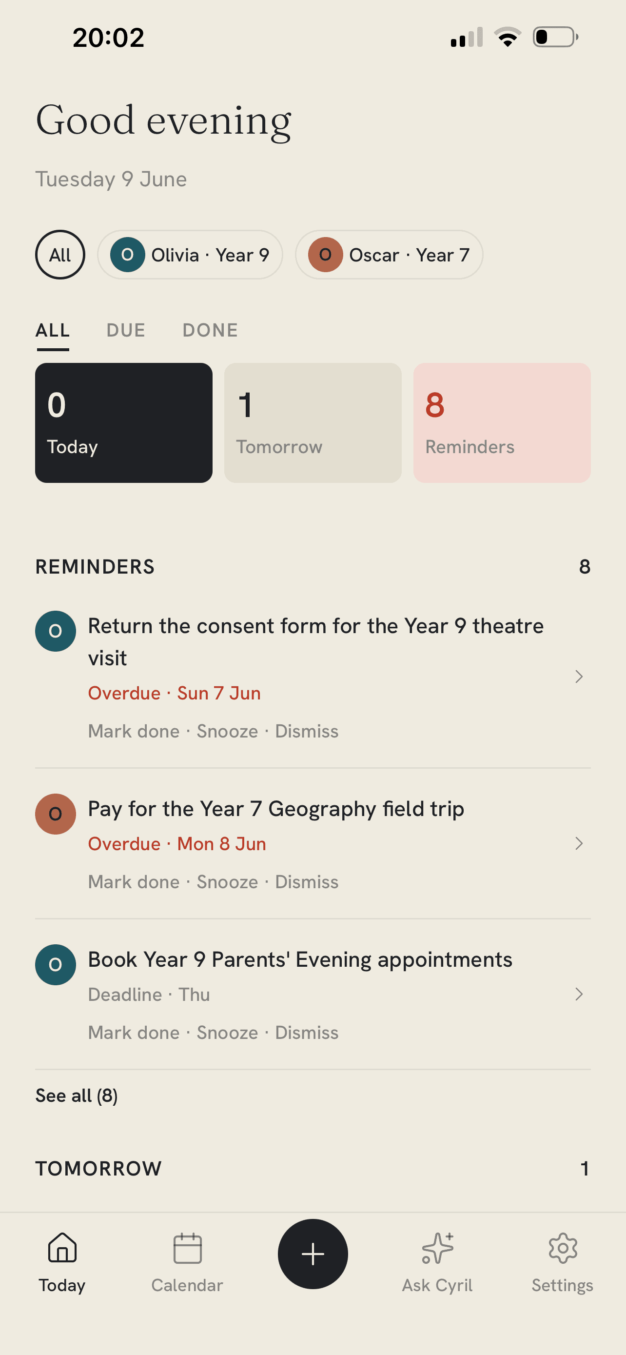 The Cyril app showing a family's school reminders for the week, sorted by child