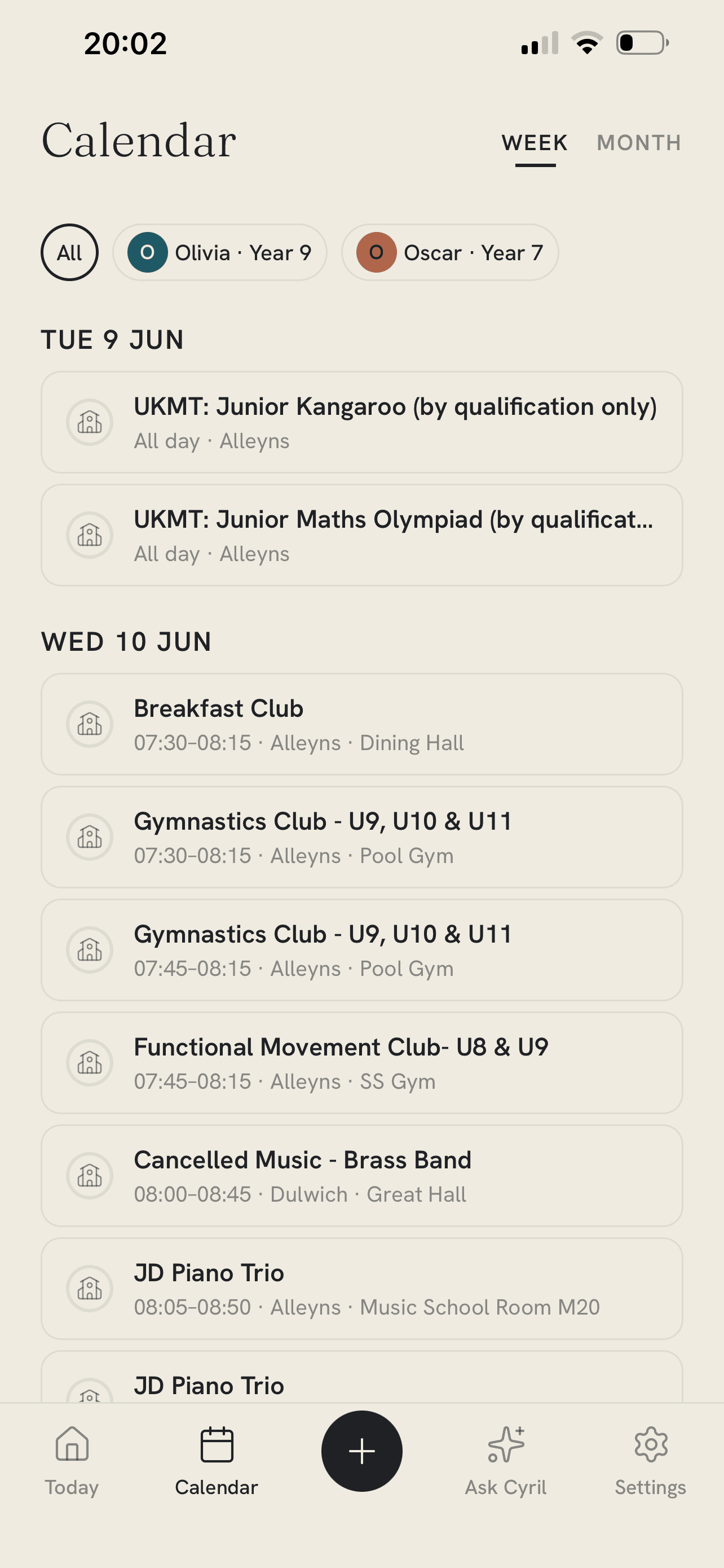 The Cyril calendar showing a week of school events colour-coded by child