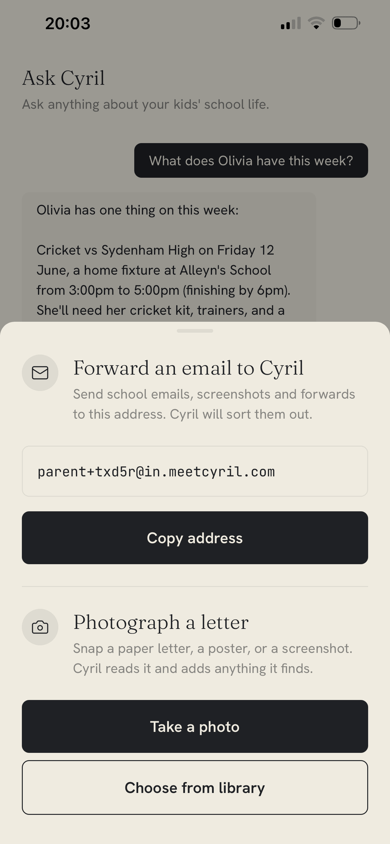 The Cyril forwarding sheet, with a personal email address and a photograph option