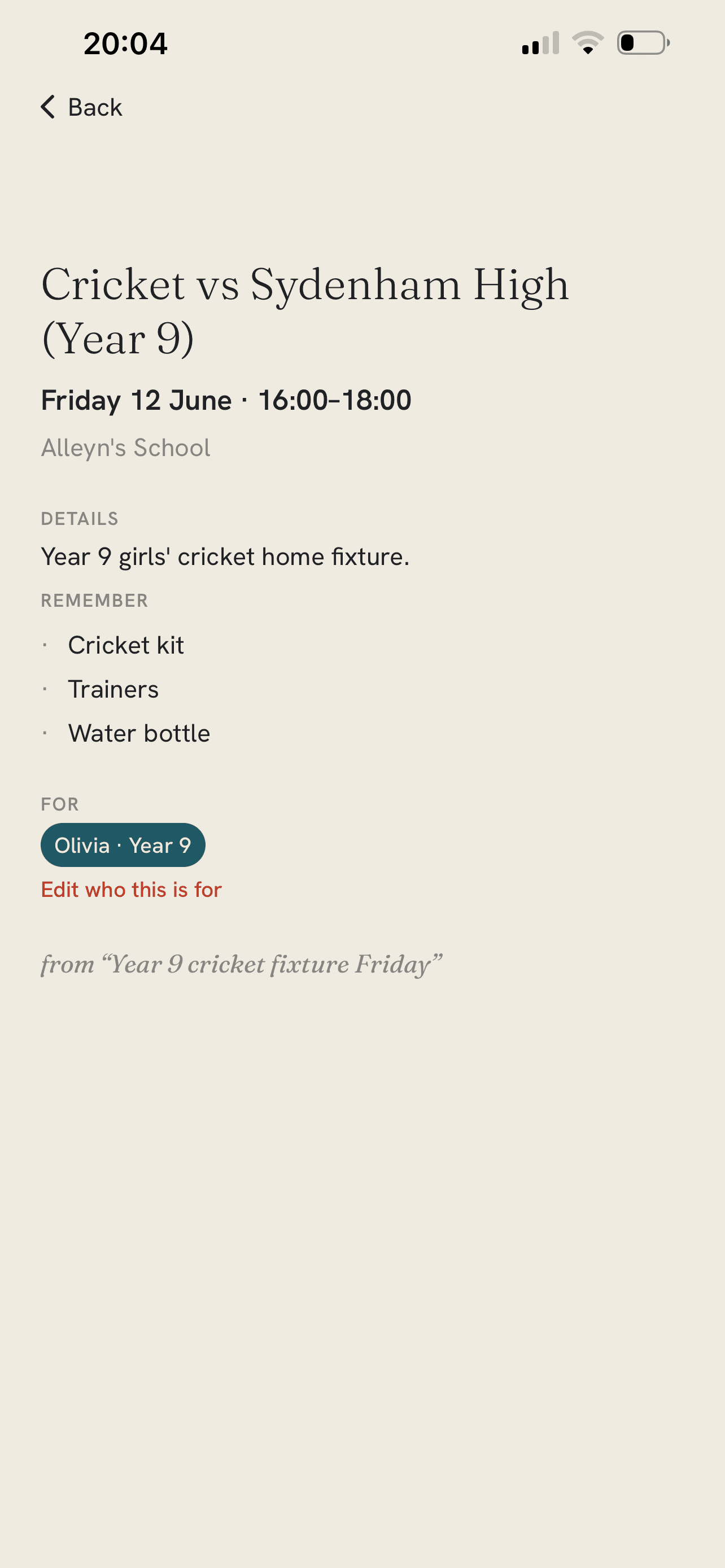 A Cyril event showing the fixture time, the kit to bring and which child it is for